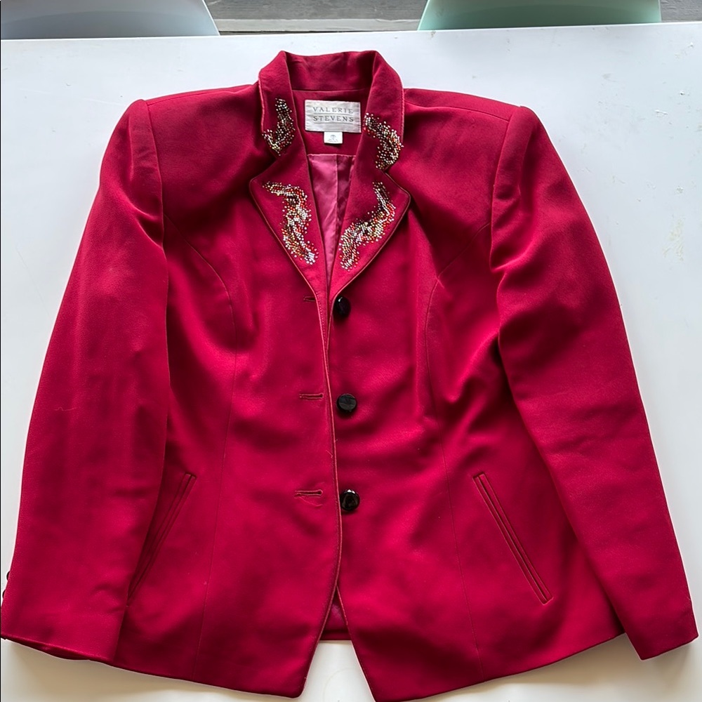 Valerie Stevens Red Blazer with Embroidered Collar